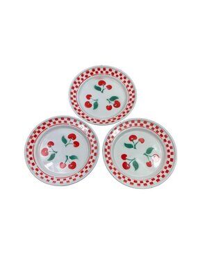 Vintage Goldfish Brand Enamelware 10"Plate Cherry Red White Checkered Set of 3